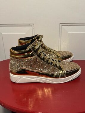 Gold Glitter Sequin High-Top Sneakers for Women Metallic Fashion size 11